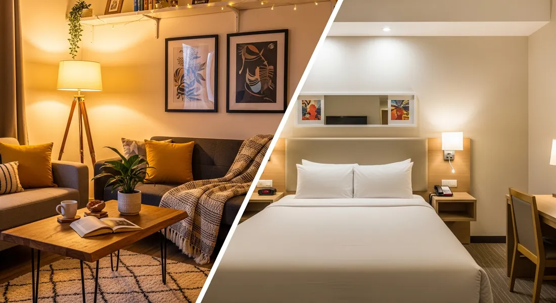 Vergleich zwischen gemütlicher Ferienwohnung und Hotelzimmer