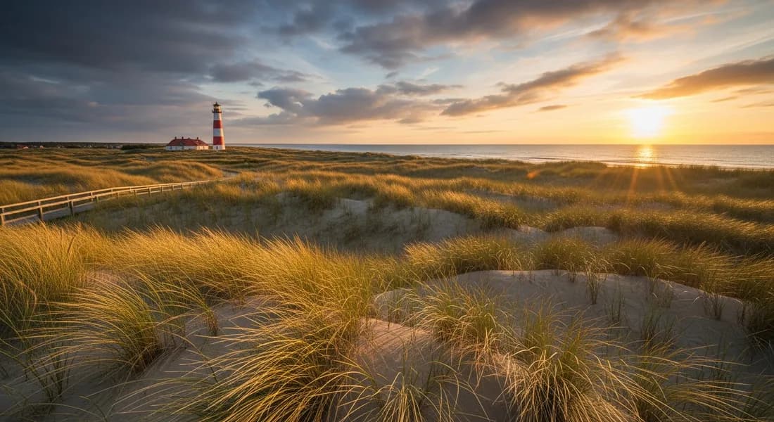Norddeutsche Küstenlandschaft mit Strandgras, Dünen und Leuchtturm