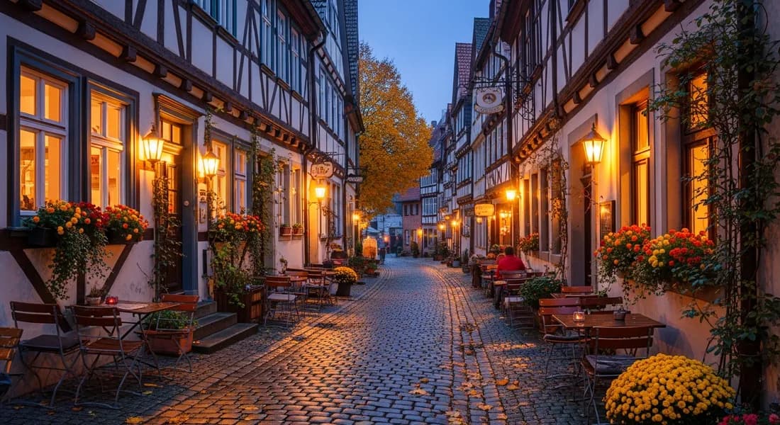 Charmante Kopfsteinpflastergasse mit Fachwerkhäusern in einer mittelalterlichen Altstadt