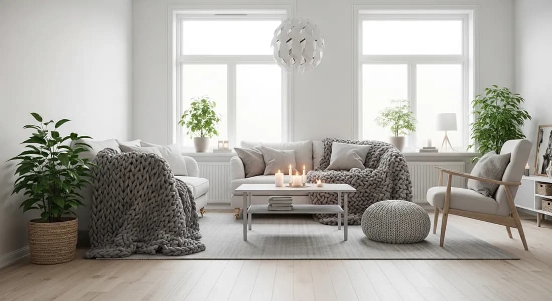 Skandinavisches Wohnzimmer mit Holzmöbeln, Kerzen und Hygge-Atmosphäre
