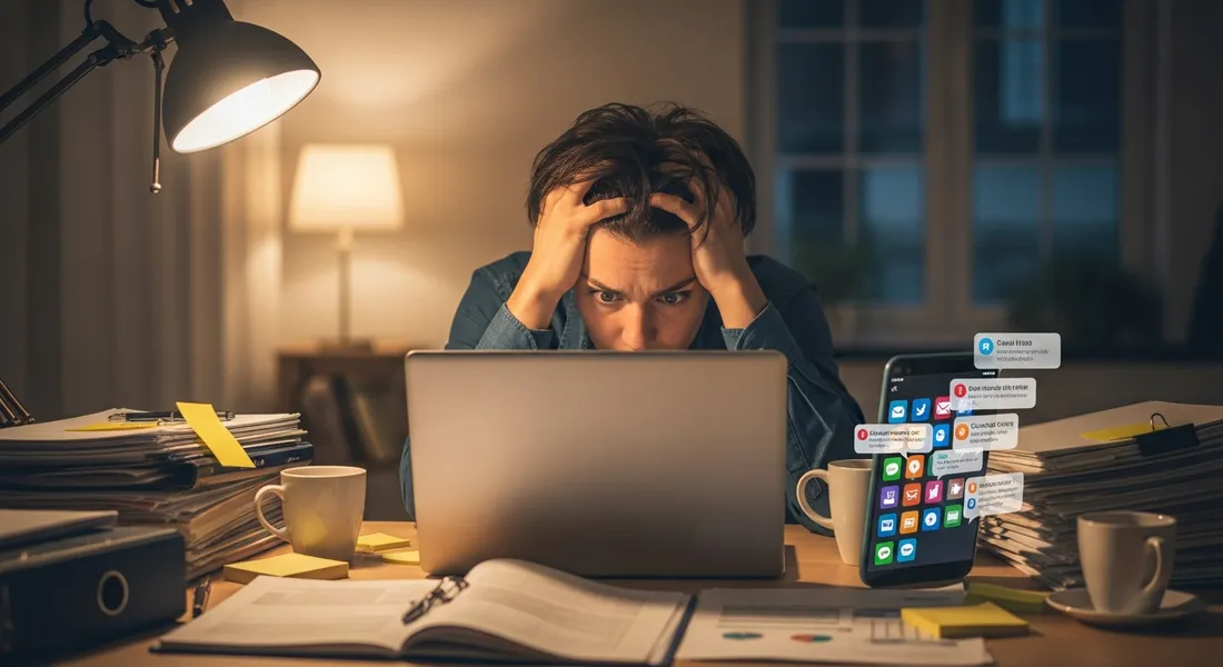 Gestresste Person am Schreibtisch mit Papierkram und Laptop