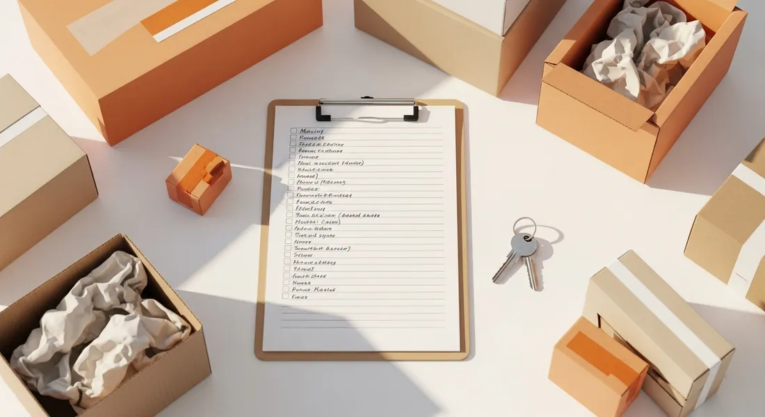 Organisierte Checkliste mit Umzugskartons und Hausschlüssel