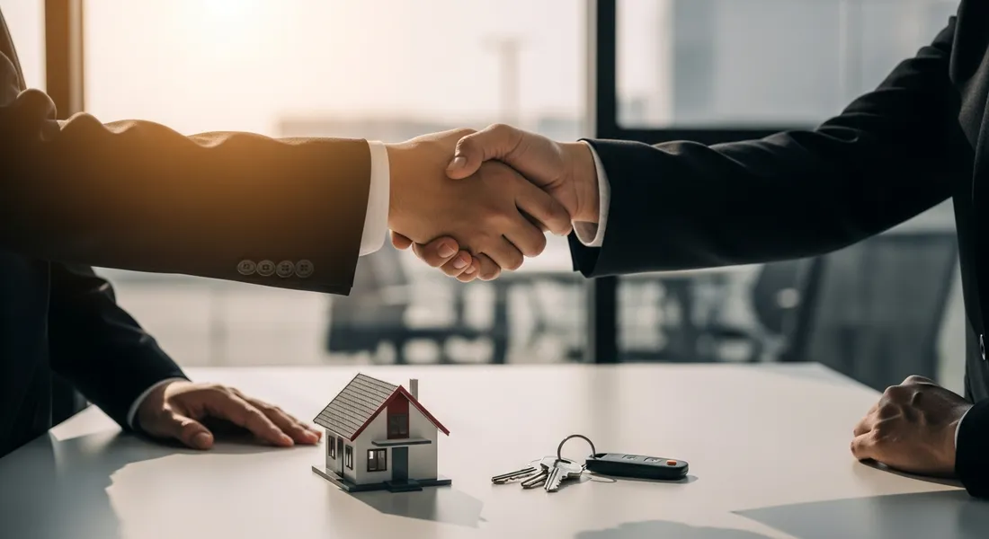 Professionelle Übergabe der Ferienwohnungsvermietung mit Schlüssel und Hausmodell