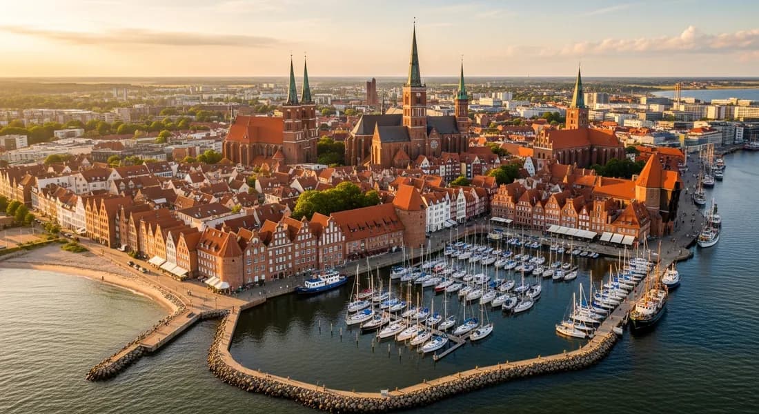 Panoramablick auf eine historische Ostseestadt mit Backsteingebäuden und Hafen